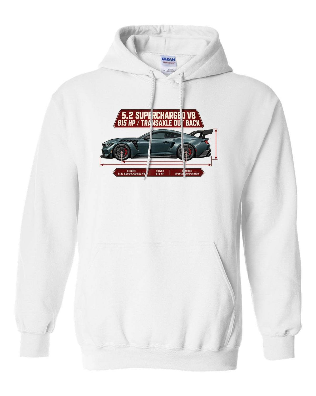 print of a Mustang GTD dimension blueprint with 5.2 supercharged V8 and 815 HP text white pull over hoodie front view with the design