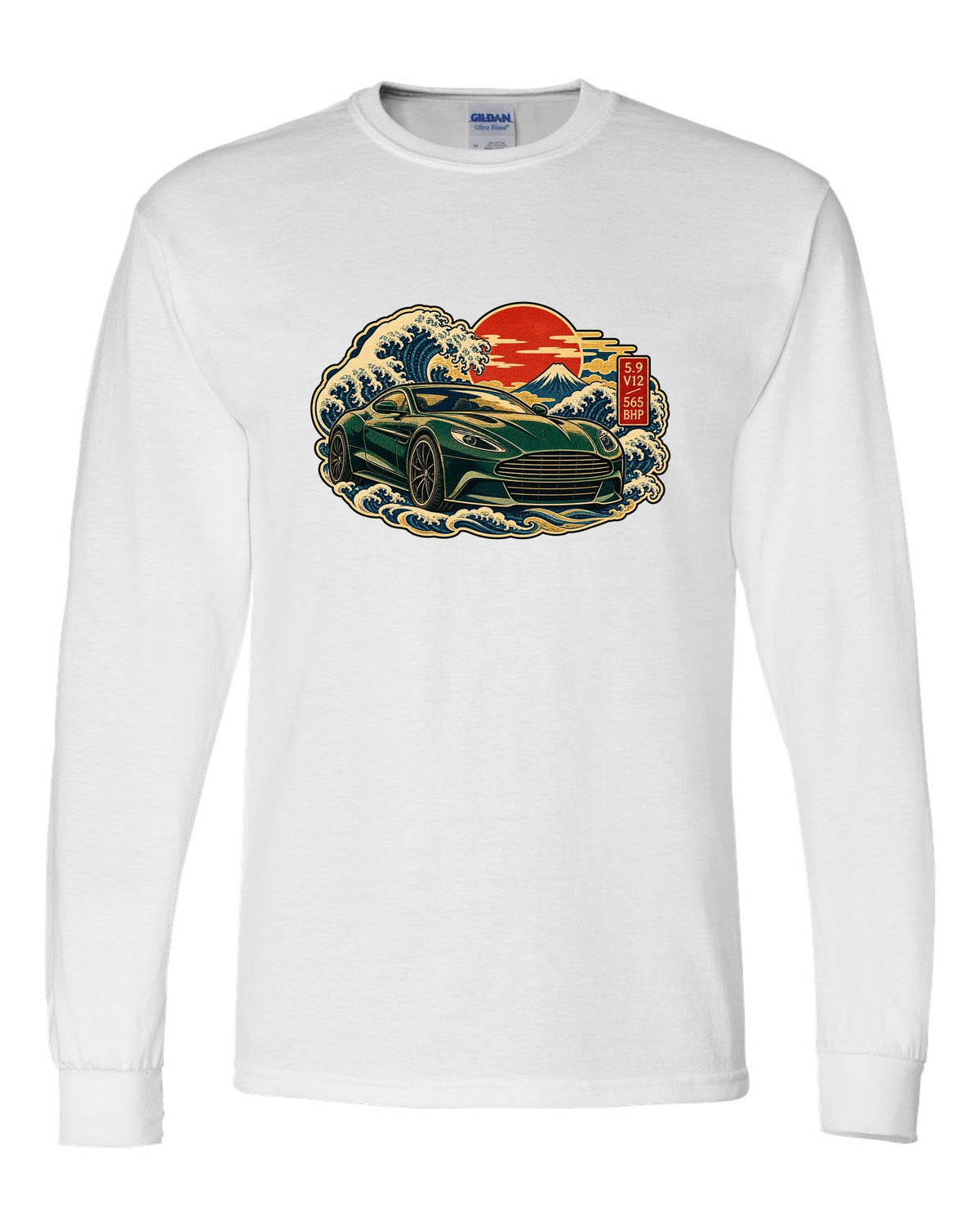 Aston Martin Vanquish ukiyo-e woodblock wave with 5.9 V12 565 BHP lettering white long sleeve front view with the design