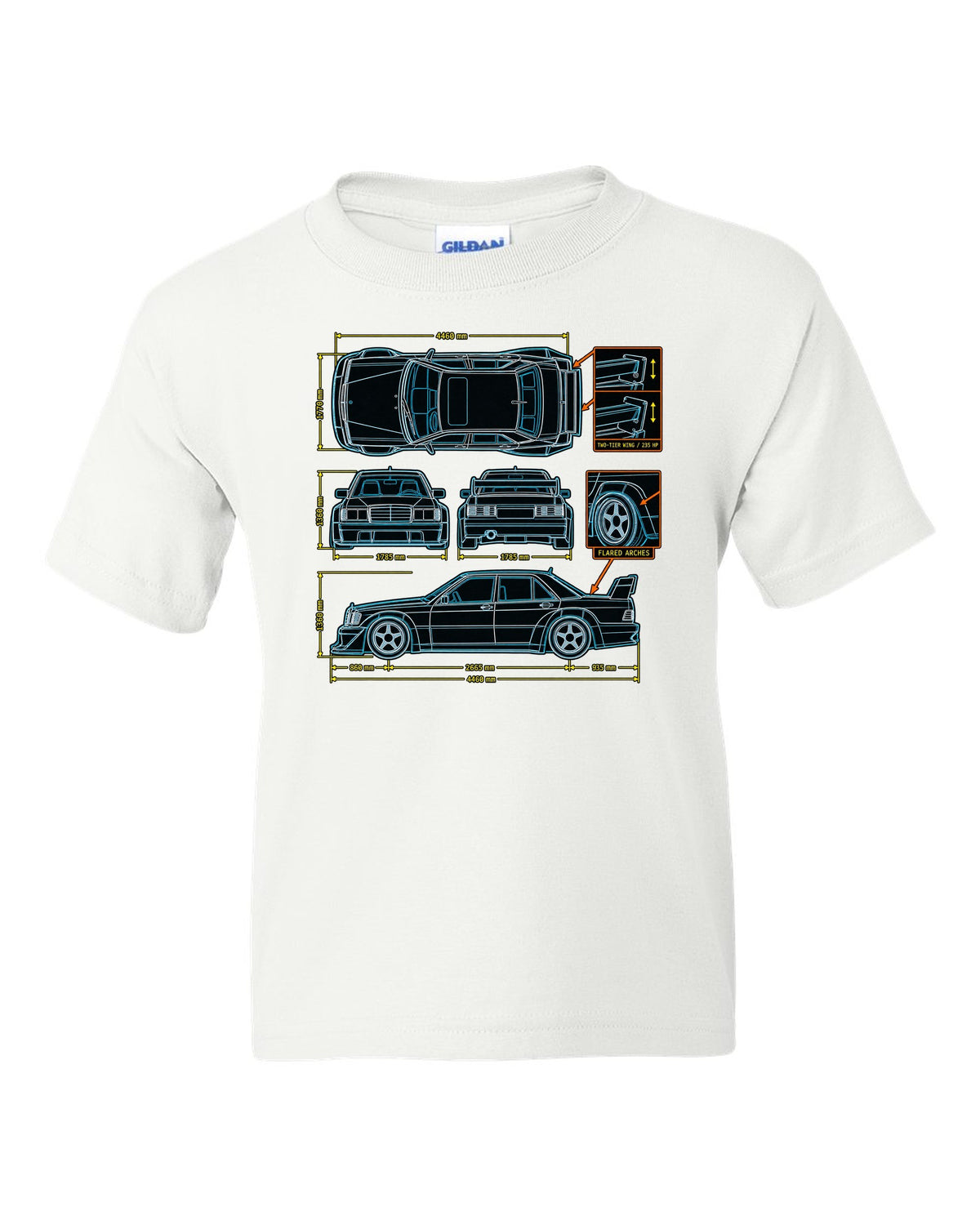 Technical blueprint top-down line art print of a Mercedes-Benz 190E Evo II W201 with two-tier wing white kids tee front view with the design