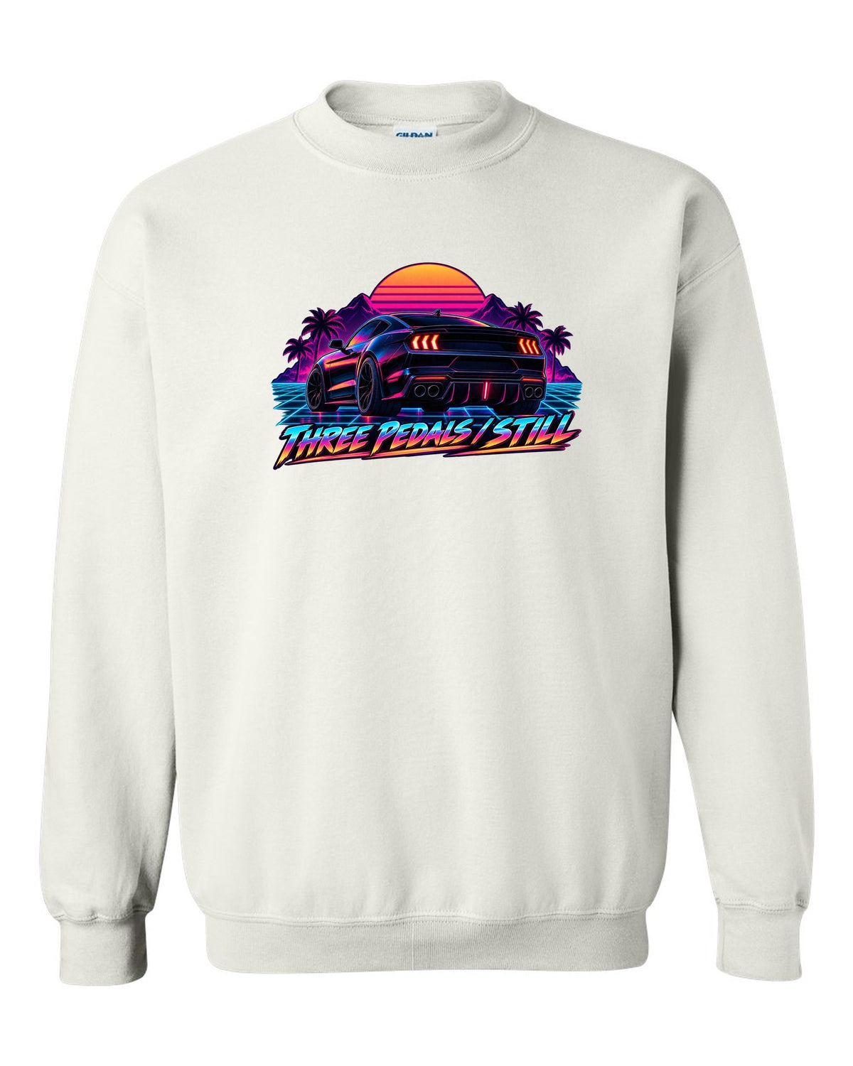 Synthwave outrun 2024 S650 Ford Mustang coupe with Three pedals still text white crewneck front view with the design