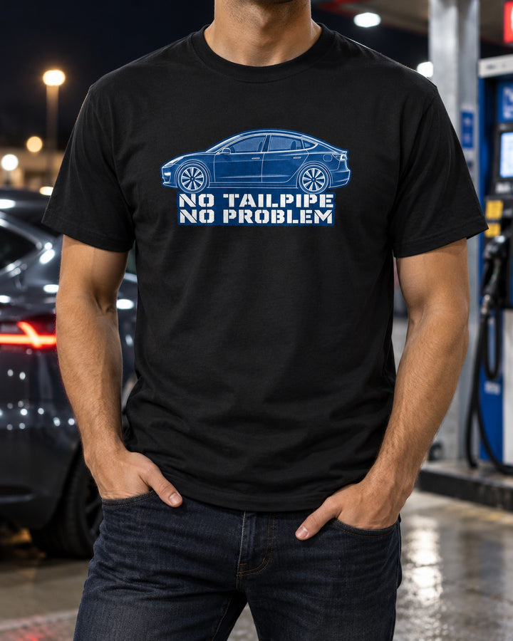 Tesla Model 3 Cyanotype Blueprint Shirt, No Tailpipe Tee T-Shirt Black worn hero