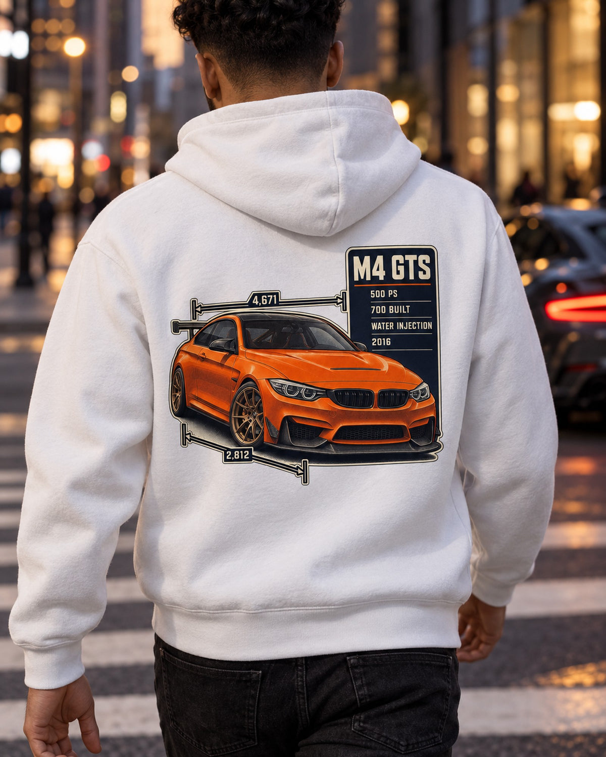 BMW M4 GTS F82 Spec Poster Shirt, 700 Built Zip Hoodie White worn hero