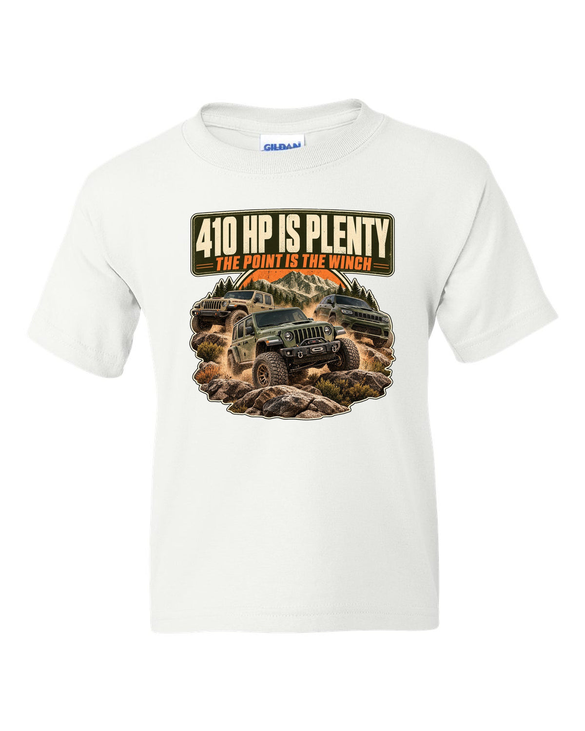 Editorial headline print for the Ram 2500 Power Wagon 6.4L V8 about horsepower and the winch white kids tee front view with the design