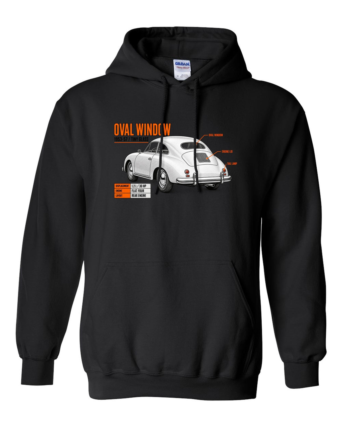 Spec poster print of a VW Beetle oval-window rear three-quarter with 1953-57 text black pull over hoodie front view with the design