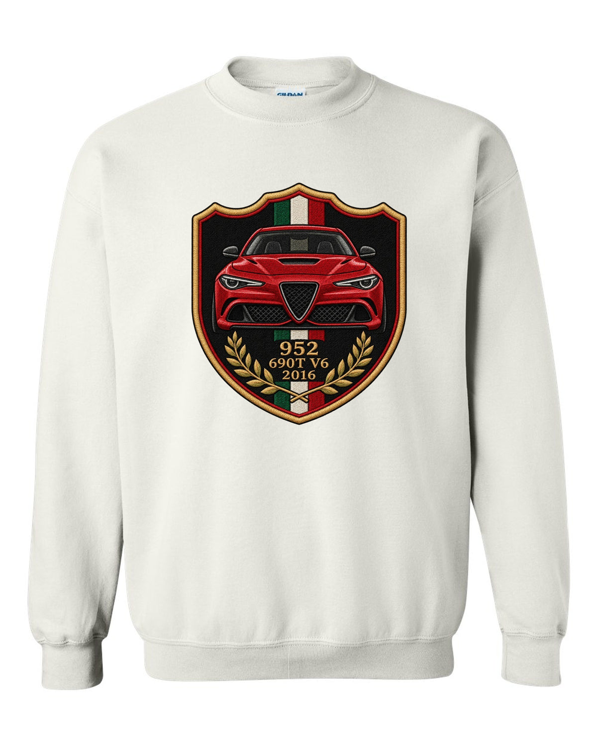 Embroidery style varsity crest for an Alfa Romeo Giulia Quadrifoglio 952 with 690T V6 and 2016 white crewneck front view with the design
