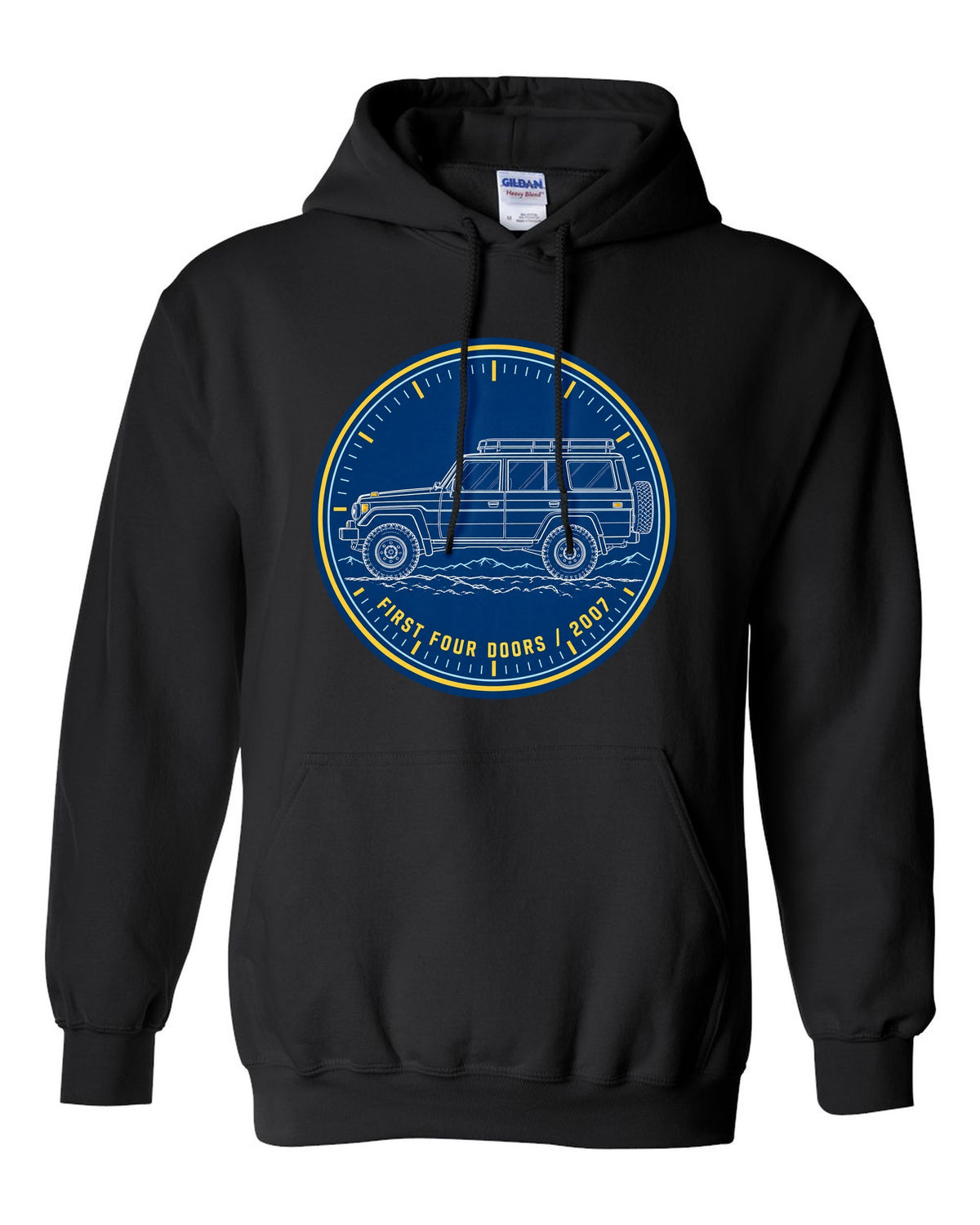 Jeep Wrangler JKU cyanotype blueprint design reading first four doors 2007 black pull over hoodie front view with the design