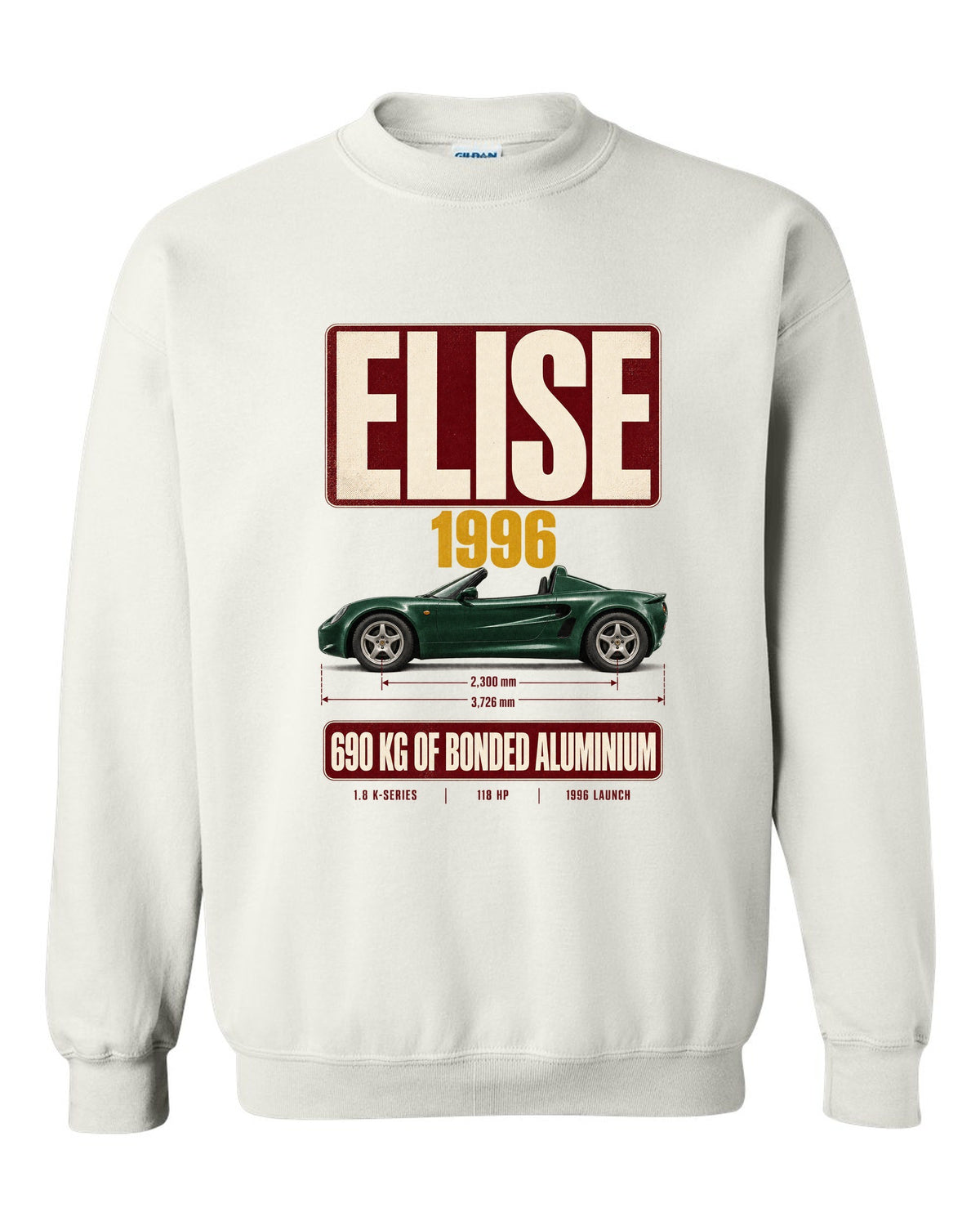 Lotus Elise Series 1 open roadster archive panel print with 1996 and 690 kg bonded aluminium text white crewneck front view with the design
