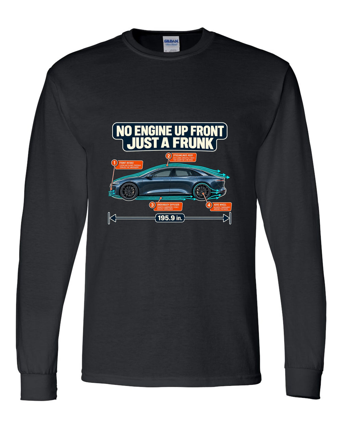 Aero cutaway callout print of a Lucid Air Sapphire showing the front trunk black long sleeve front view with the design