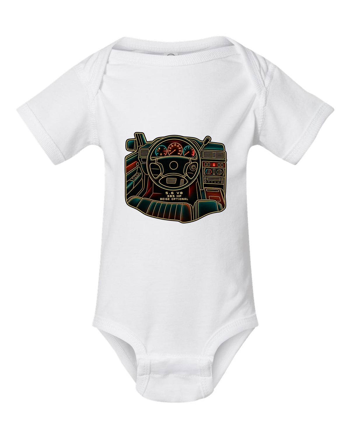 Minimal single-line drawing of a Mercedes 300E Hammer W124 with 5.6 V8 and 385 HP text white baby onesie front view with the design