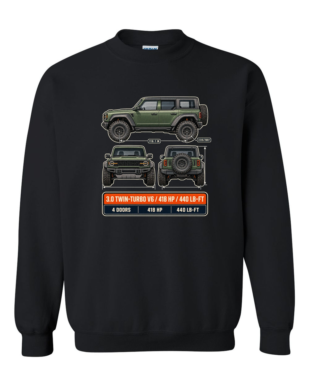 Ford Bronco Raptor three-view drawing with spec table print black crewneck front view with the design