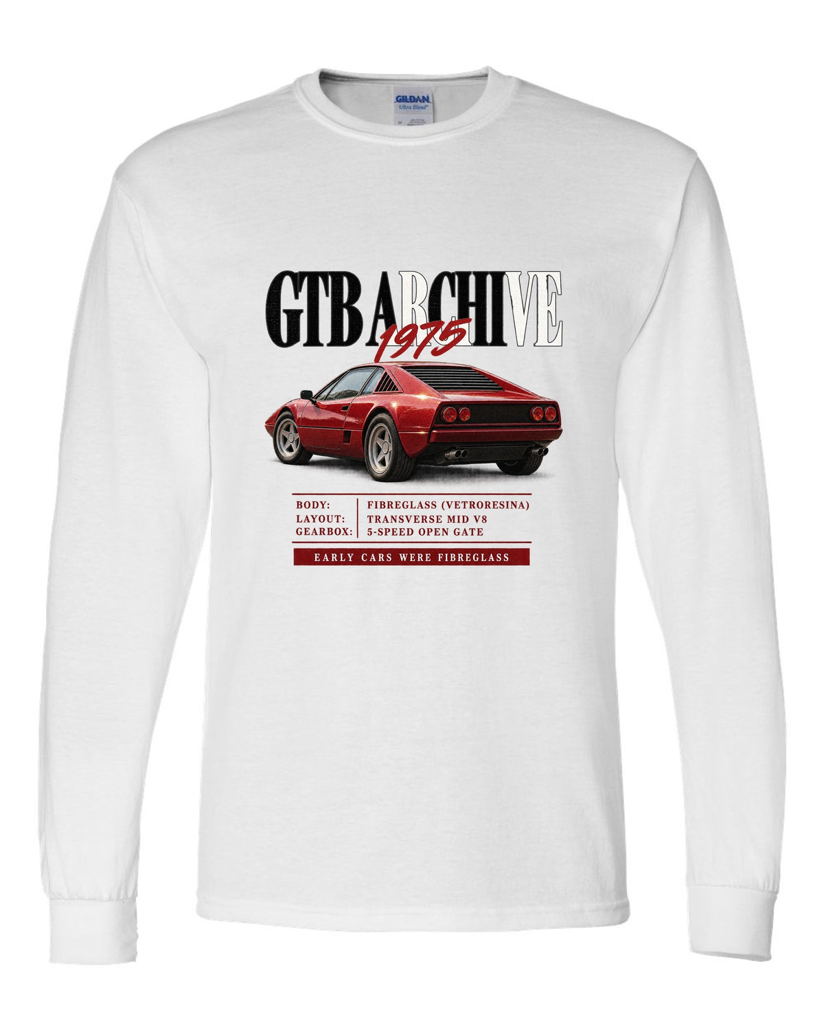 Ferrari 308 GTB 1975 archive panel print, early cars were fibreglass white long sleeve front view with the design