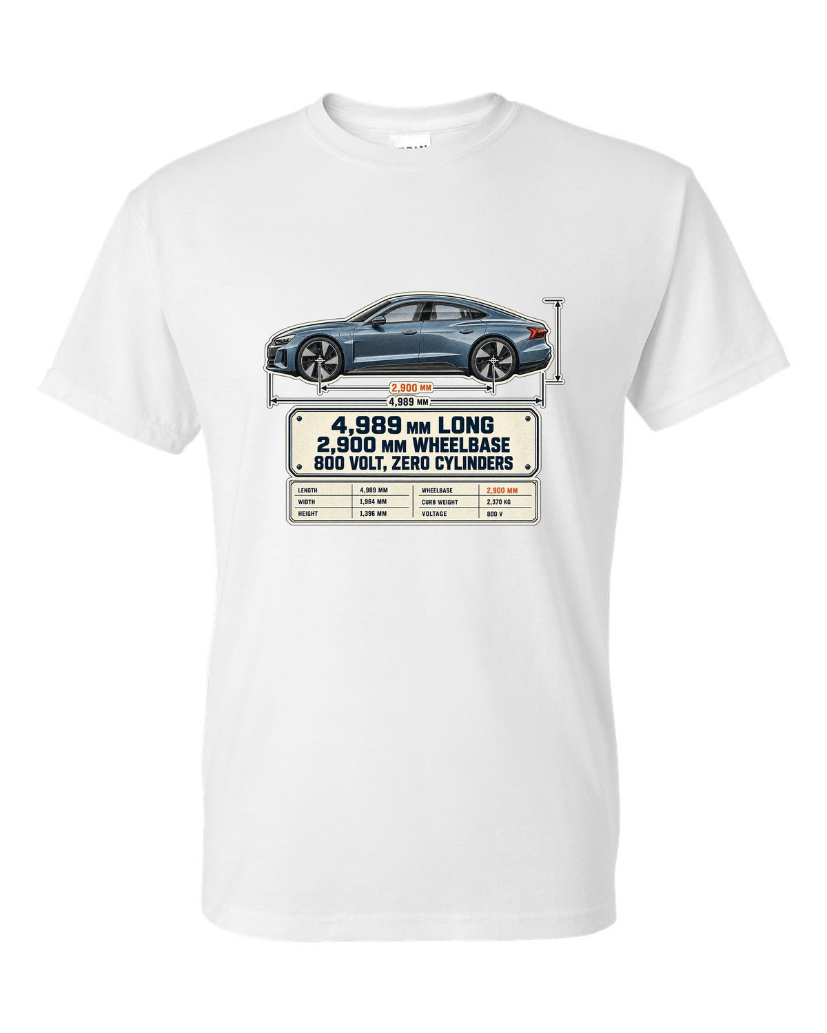 Audi RS e-tron GT J1 dimension blueprint print design white t-shirt front view with the design