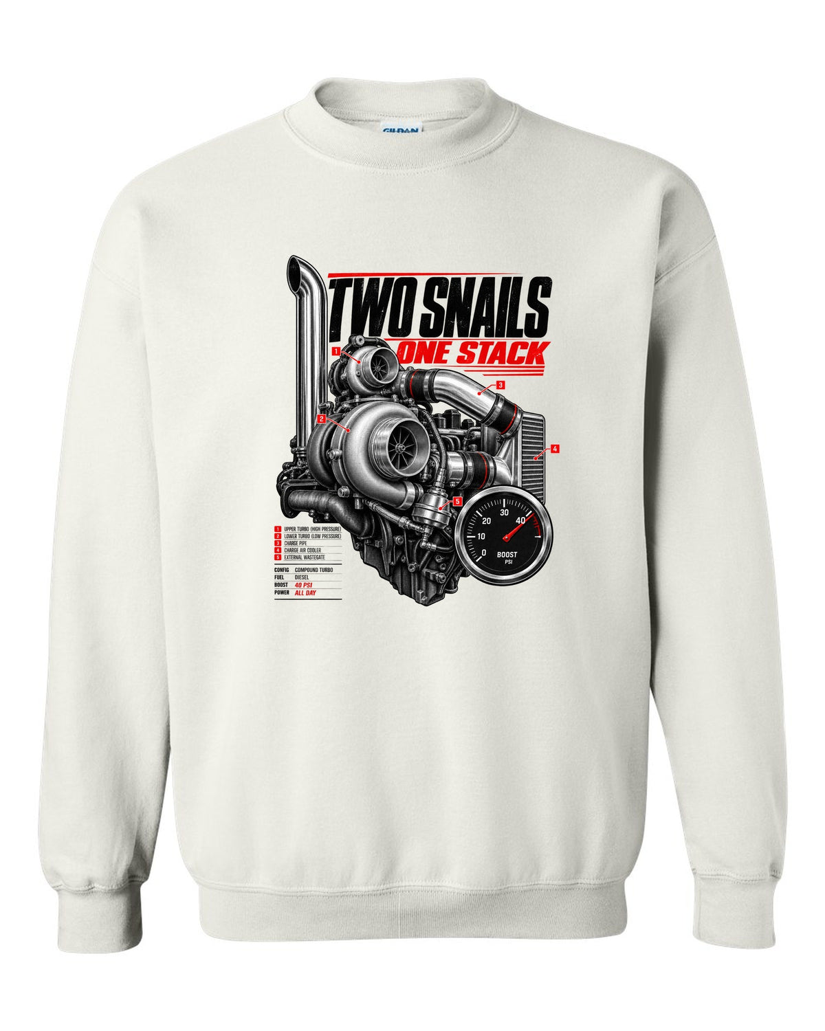 Engine hero print of a compound turbo diesel pickup boost gauge reading 40 psi white crewneck front view with the design