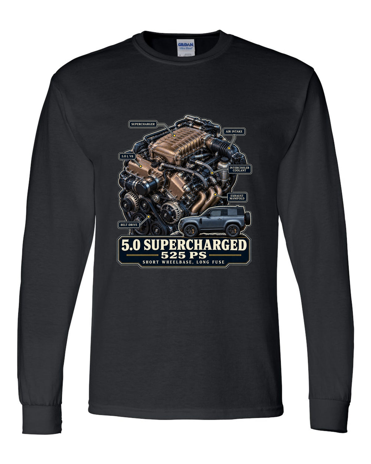 Engine hero print of the Land Rover Defender 90 V8 5.0 supercharged L663 black long sleeve front view with the design