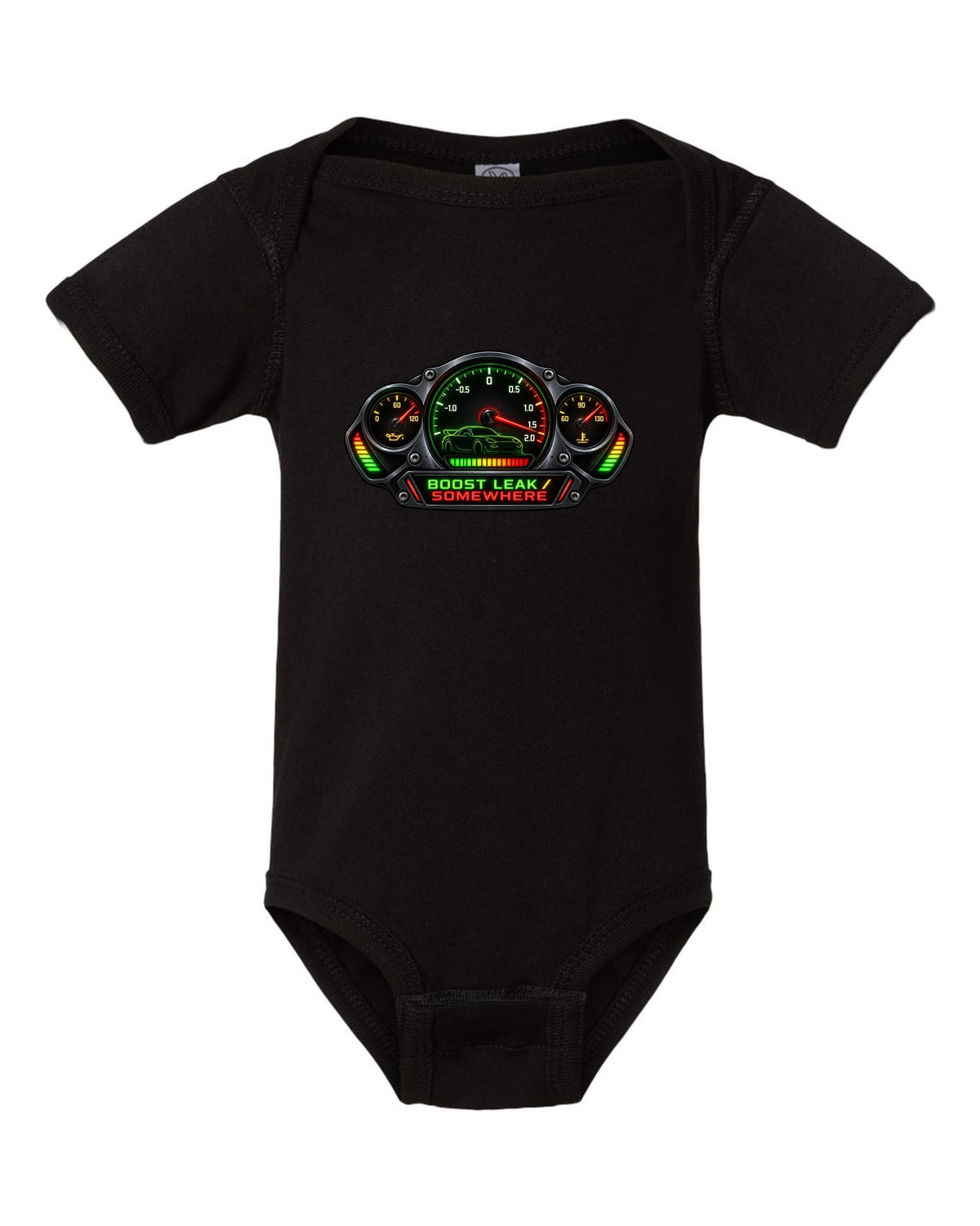 Sticker-bomb collage print of a Mazda RX-7 FD3S with text 5-Lug, 17 Inch, Bronze black baby onesie front view with the design