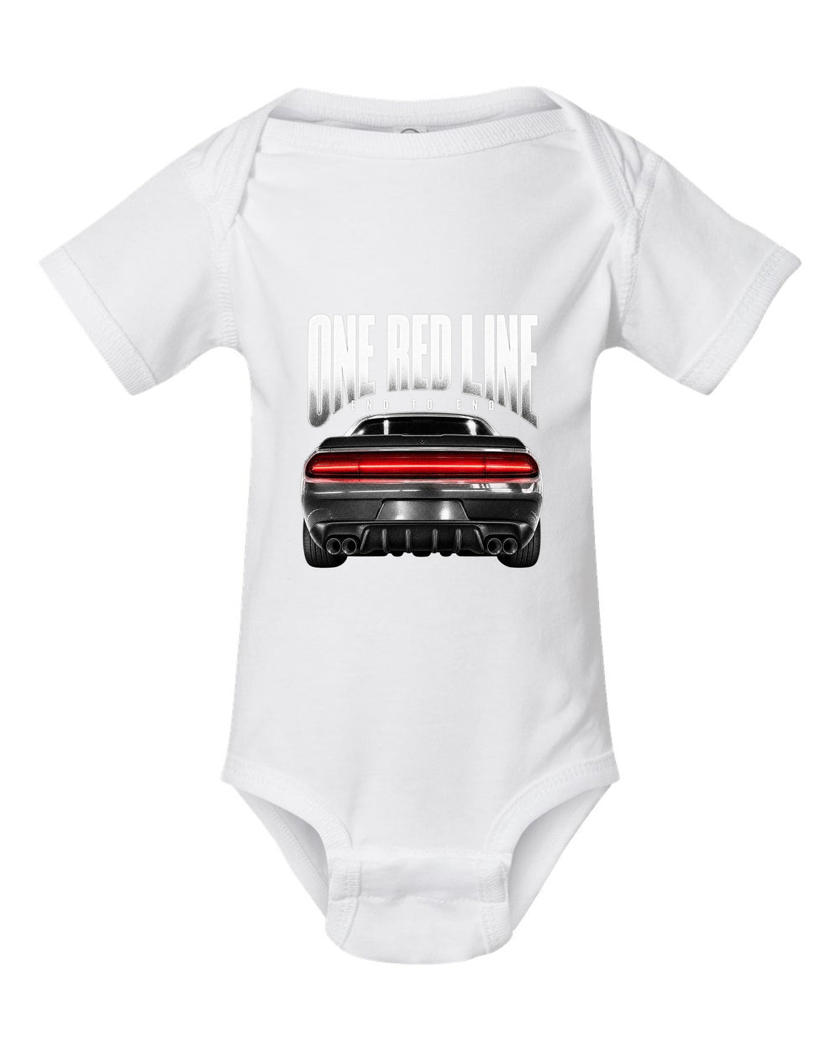 Taillight macro print of a 2015 Dodge Challenger Scat Pack with a single red line white baby onesie front view with the design