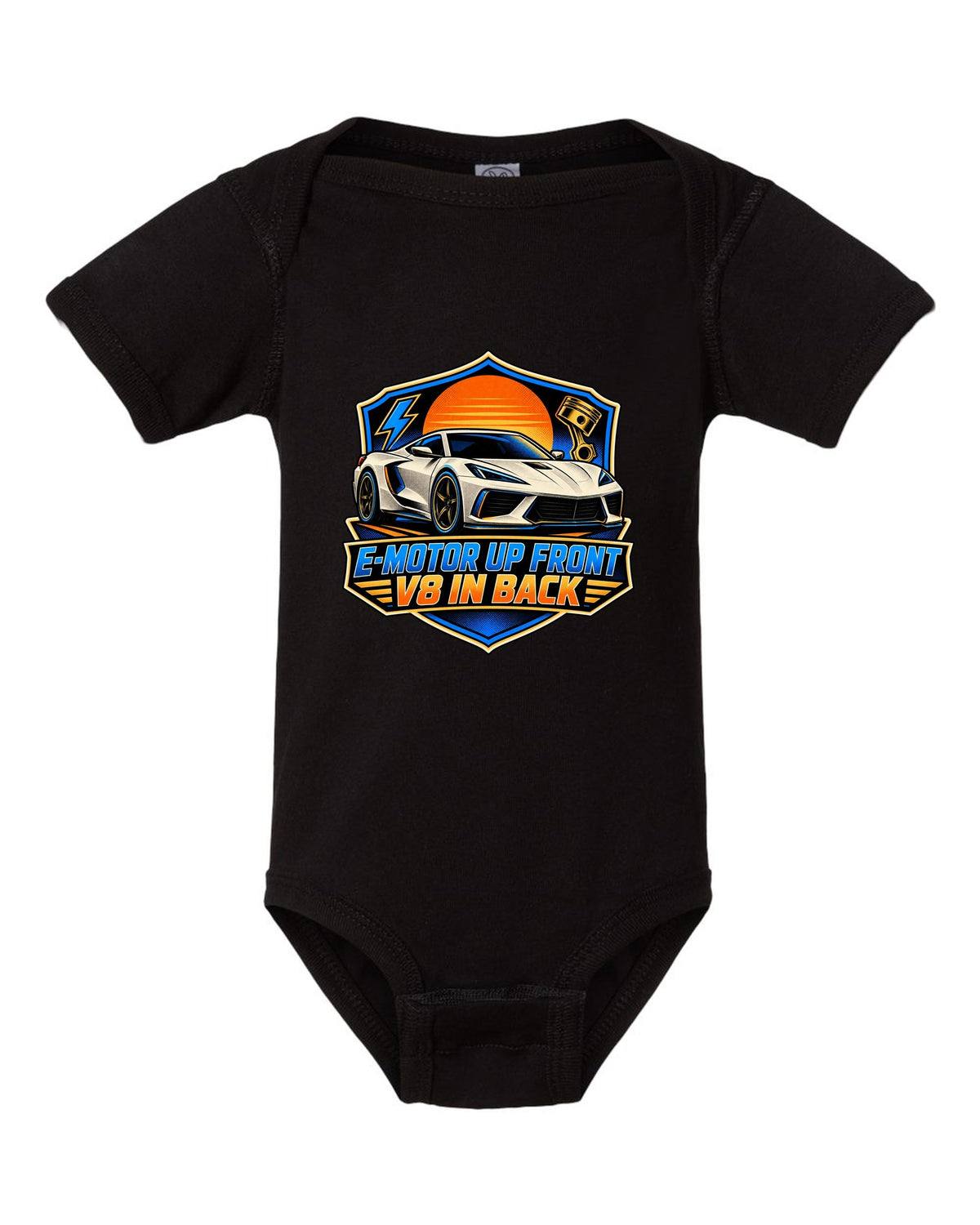 Comic halftone panel of a 2020 C8 Corvette Stingray with e-motor and V8 lettering black baby onesie front view with the design
