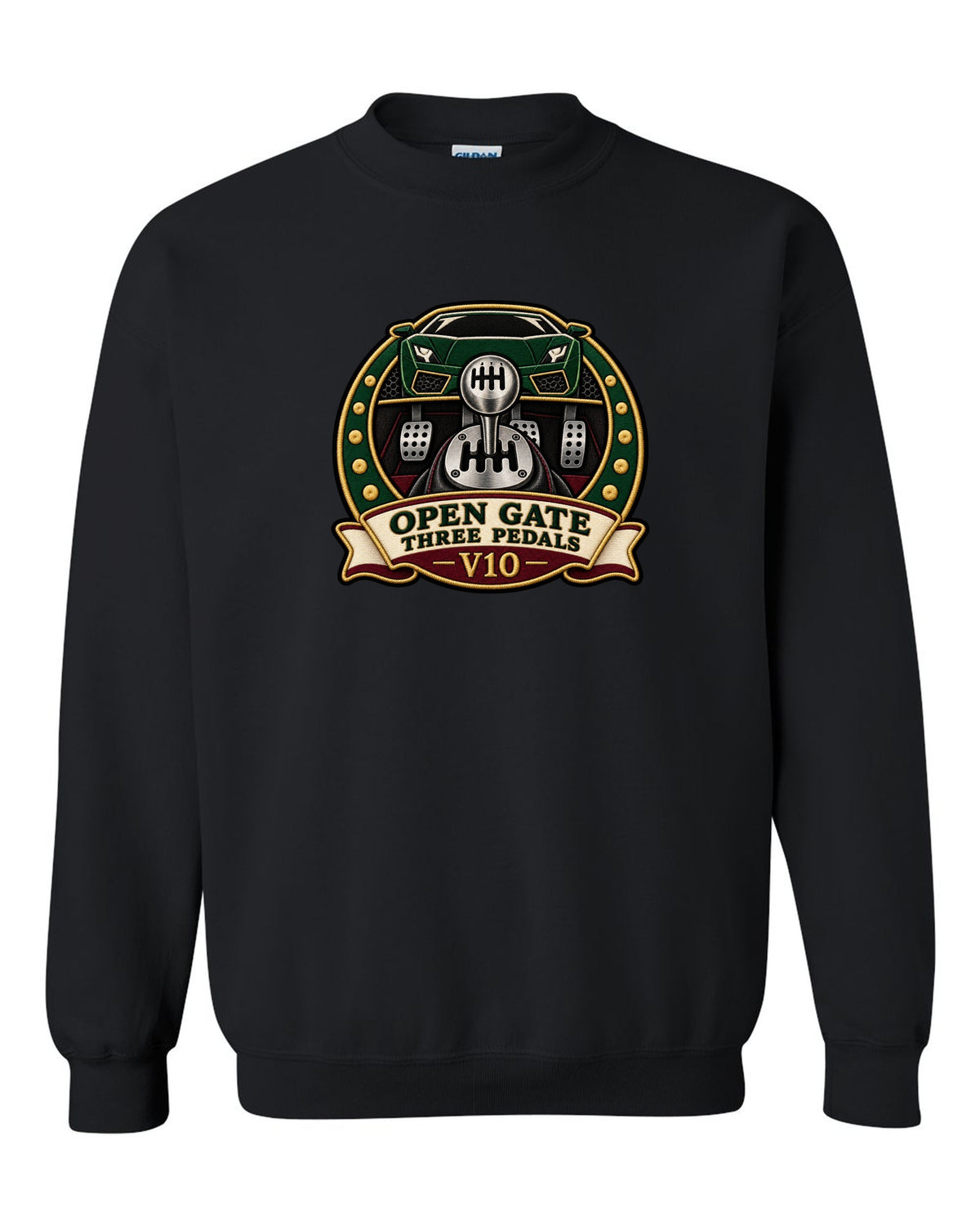 Embroidery-style crest of a 2004 Lamborghini Gallardo gated six-speed with open gate text black crewneck front view with the design