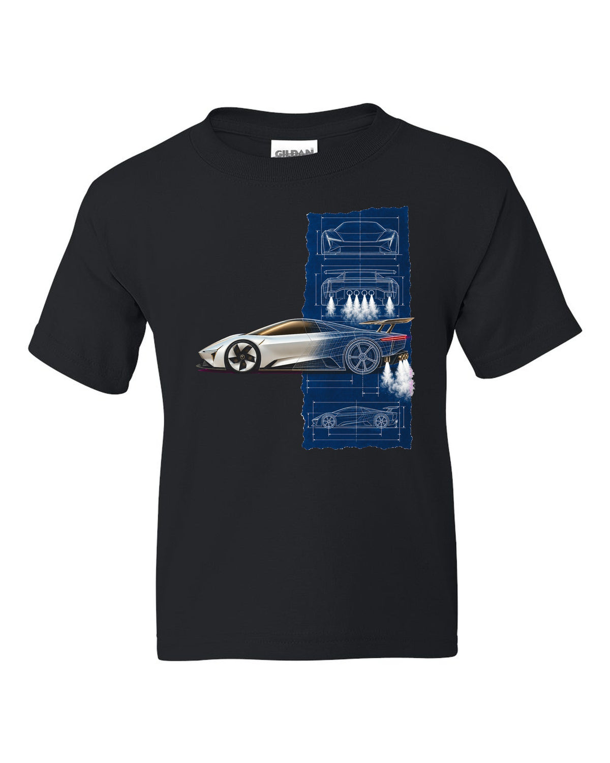 Tesla Roadster Blueprint Kids Tee Black front