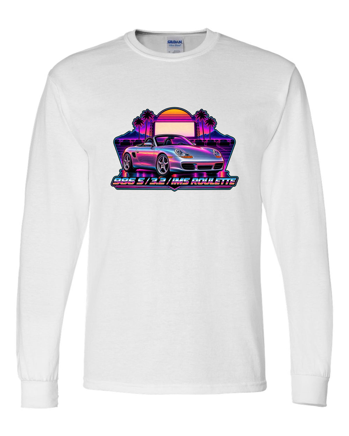 Porsche 986 Boxster S synthwave outrun design with IMS roulette lettering white long sleeve front view with the design