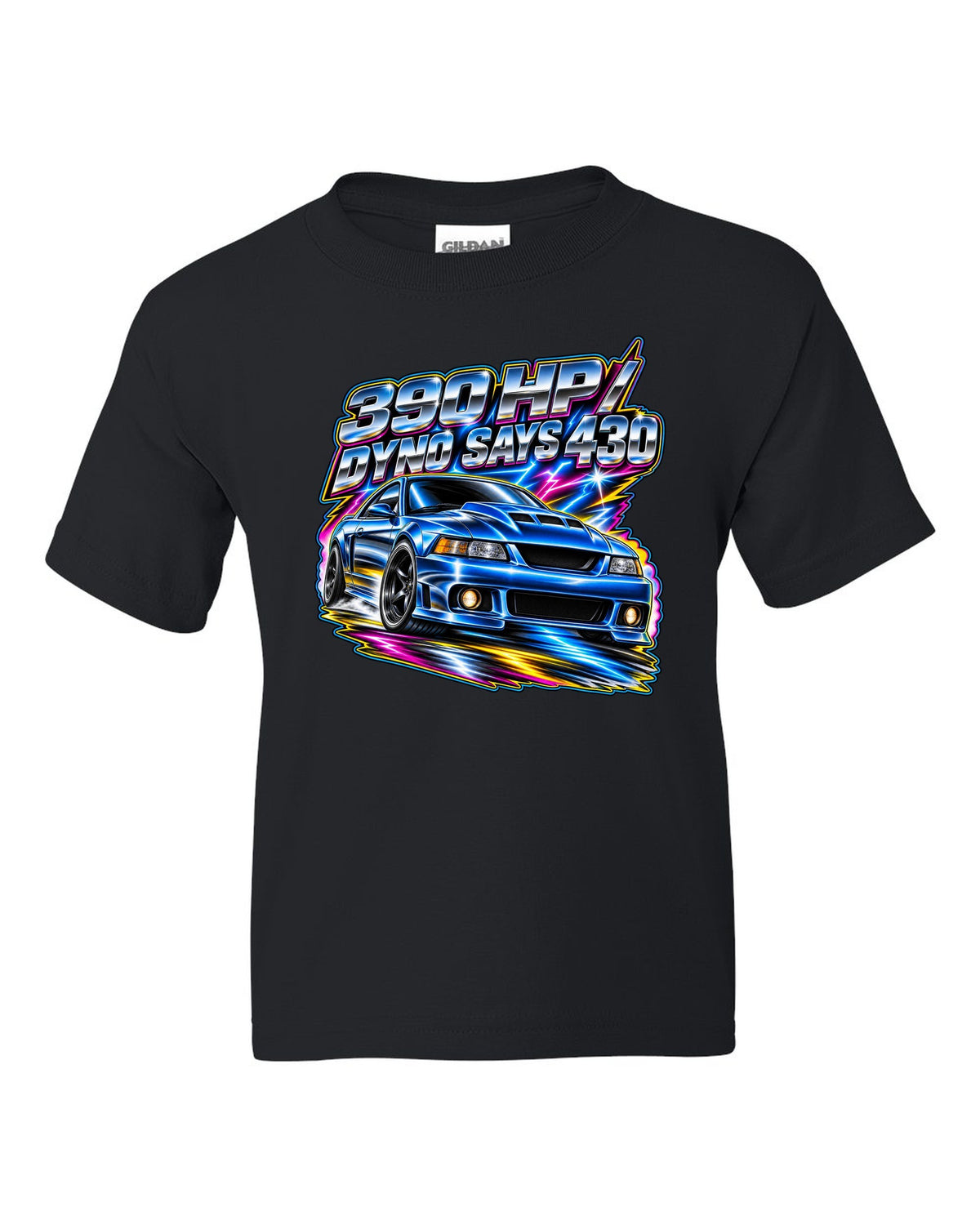 80s airbrush chrome 2003 supercharged Ford Mustang coupe with 390 HP text black kids tee front view with the design