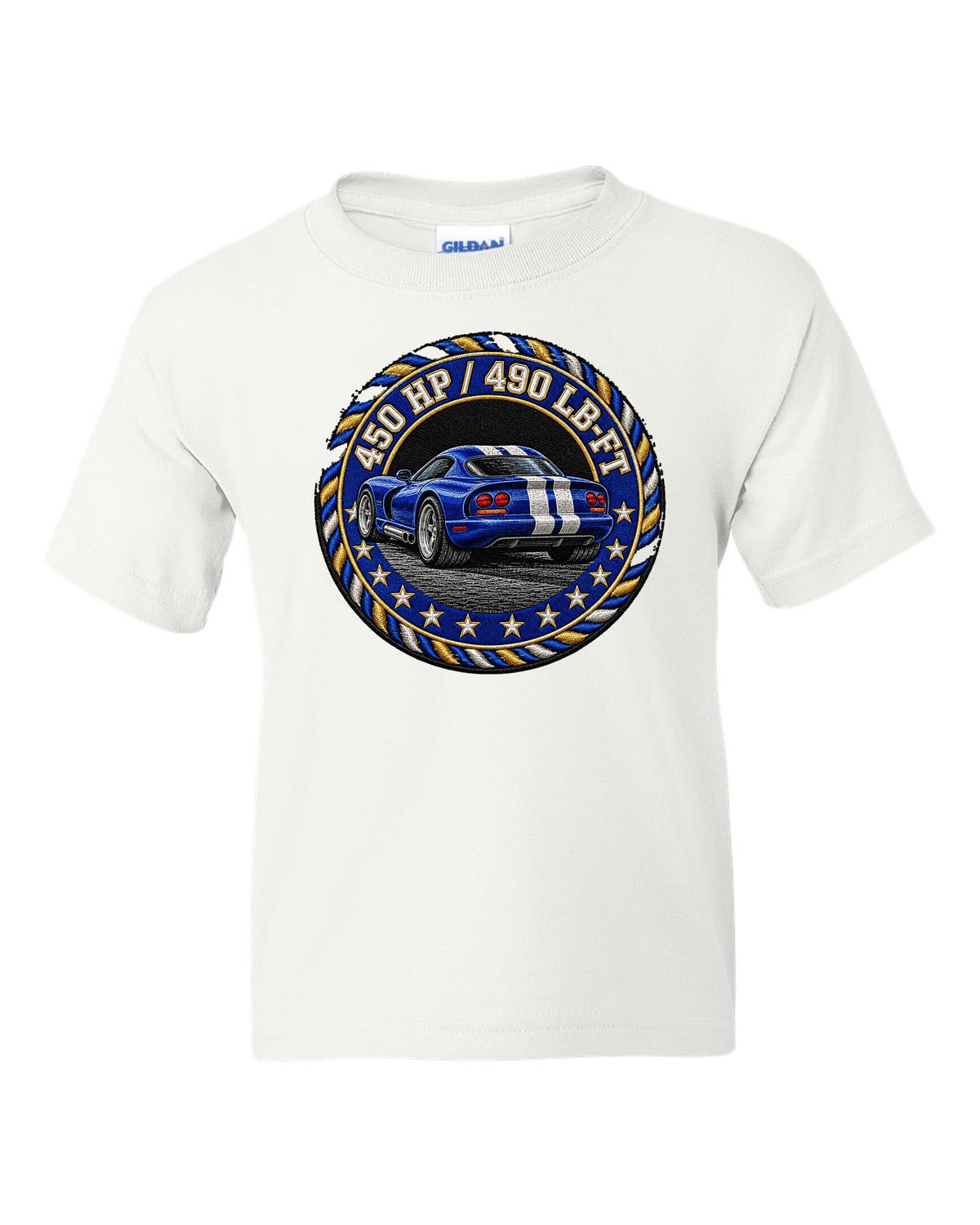 Blue embroidered varsity crest design for a 1996 Dodge Viper GTS SR II white kids tee front view with the design