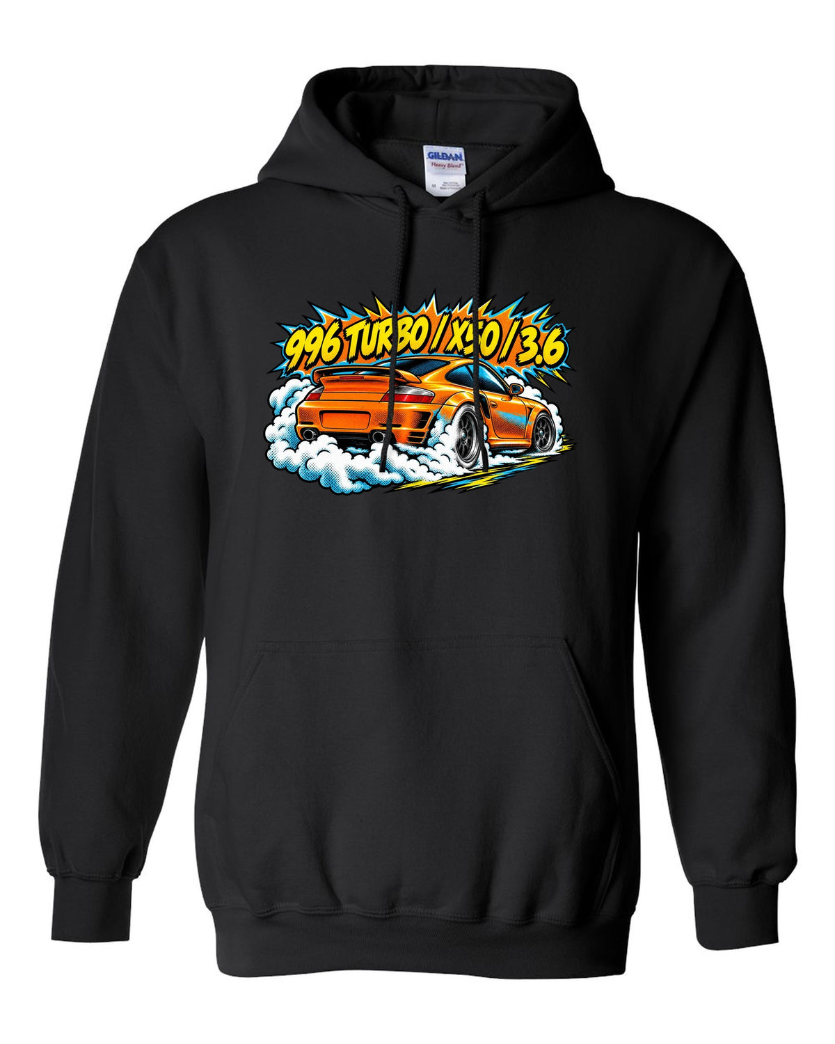 Porsche 996 Turbo comic halftone burnout burst design with X50 lettering black pull over hoodie front view with the design
