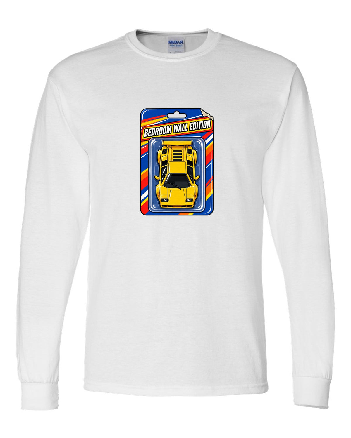 Top-down Lamborghini Countach LP400 S on a toy blister card labelled Bedroom Wall Edition white long sleeve front view with the design