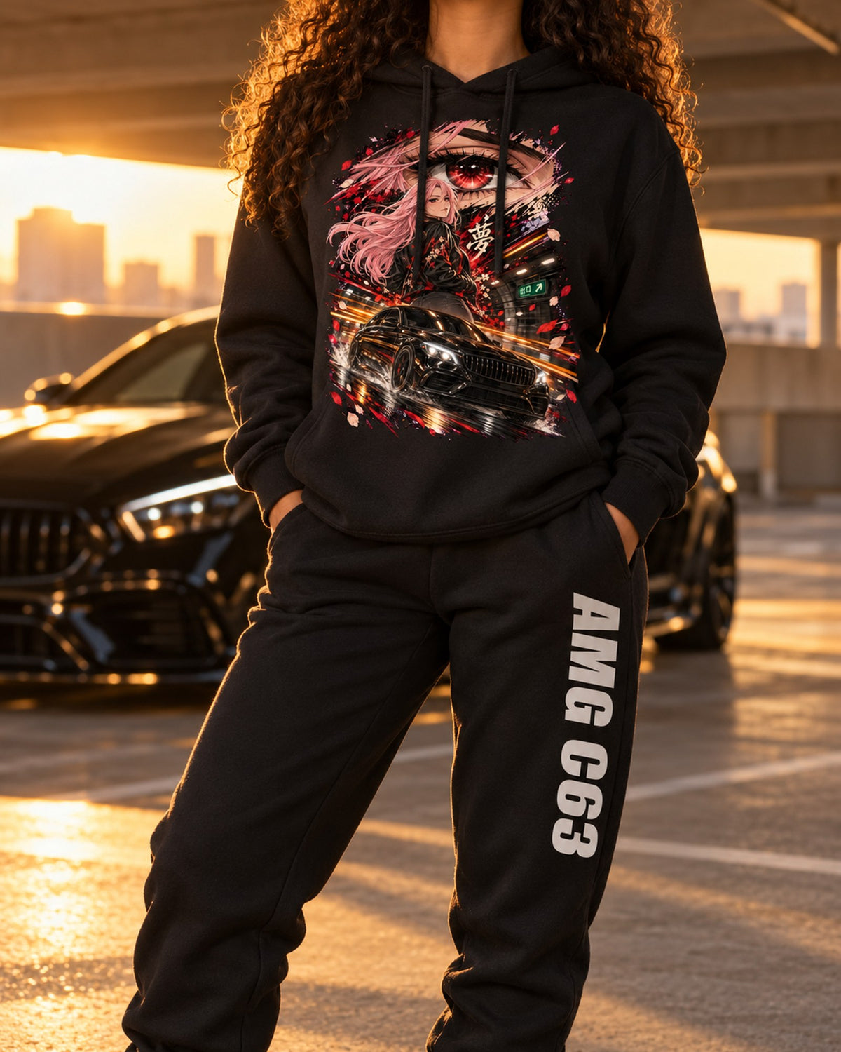 Mercedes AMG C63 Anime Girl Hoodie + Jogger Set Black worn hero