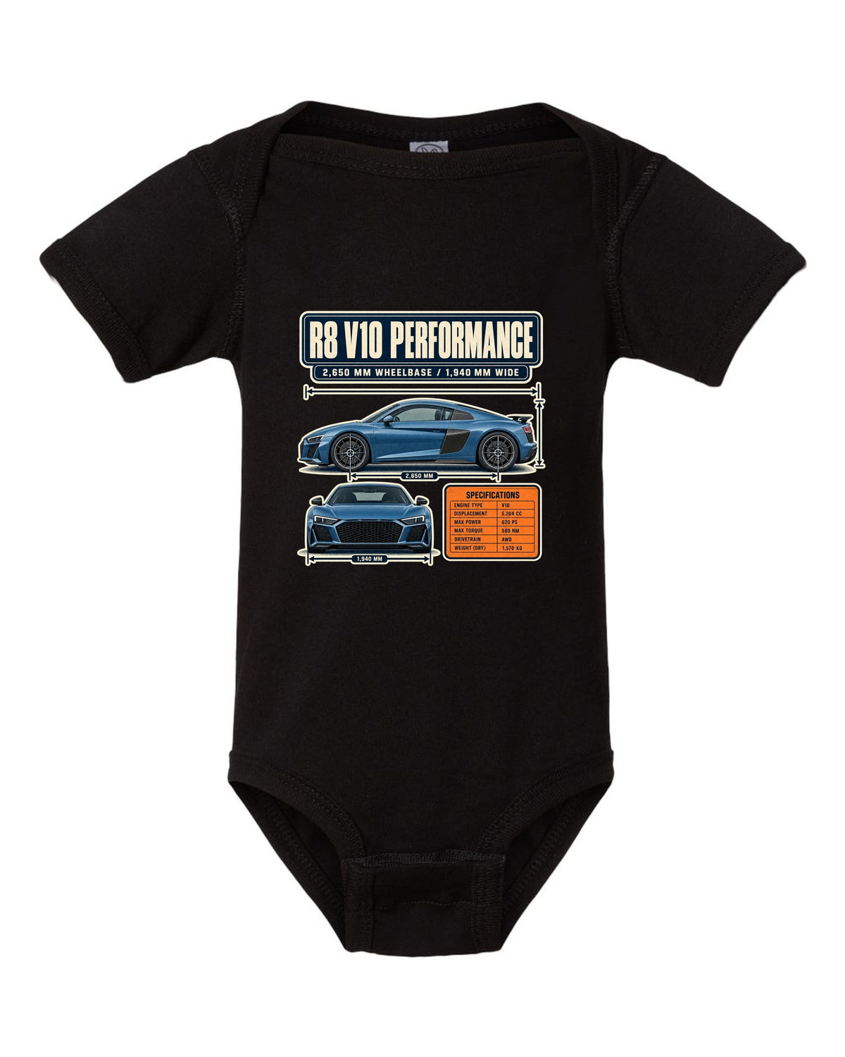 Audi R8 V10 performance Type 4S dimension blueprint print design black baby onesie front view with the design