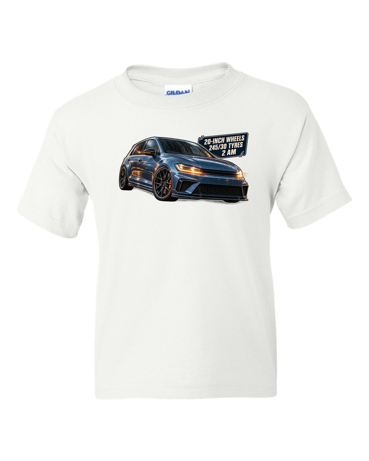 print of a Boost Blue Honda Civic Type R FK8 on a night touge road white kids tee front view with the design