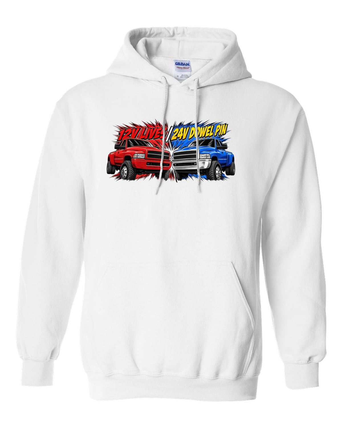 Retro manga halftone print of two Dodge Ram 2nd gen trucks with 12V lives and 24V dowel pin text white pull over hoodie front view with the design
