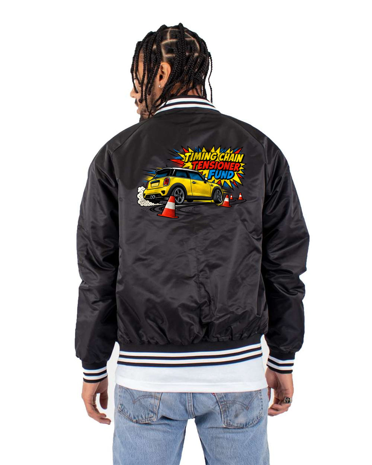 Mini Cooper S R56 Go-Kart Pop Art Tee, Timing Chain Fund Joke Bomber Jacket Black back