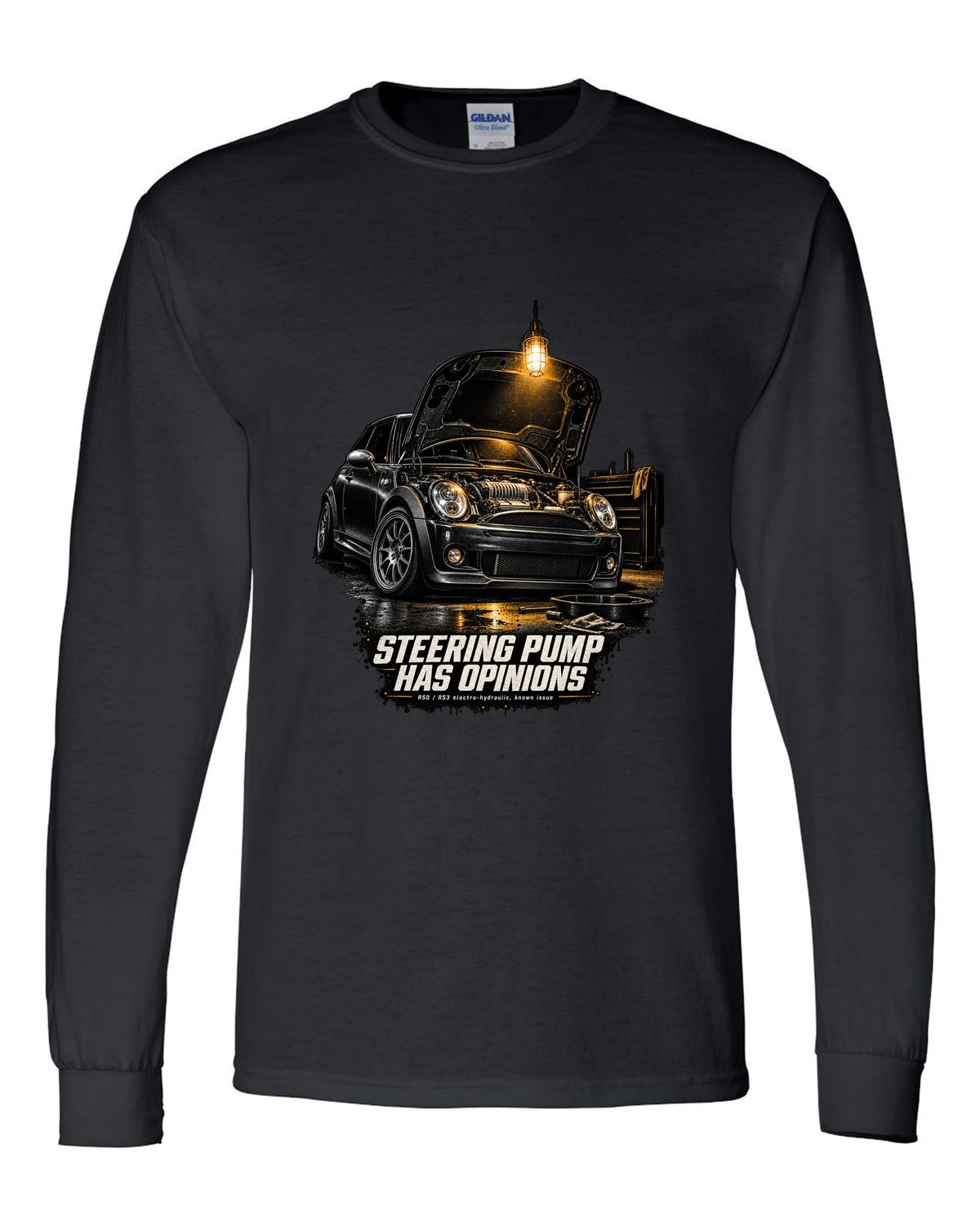 Mini Cooper S R53 garage night print with bonnet open and steering pump text black long sleeve front view with the design