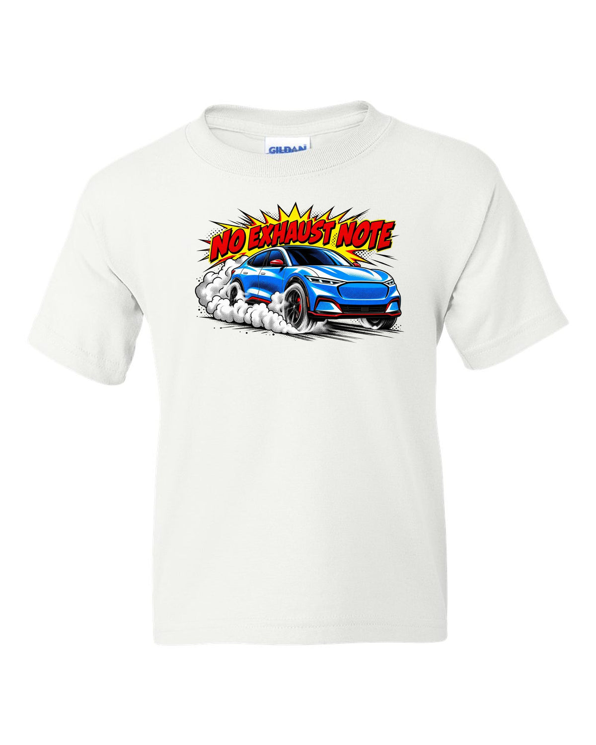 Comic halftone pop-art print of a 2020 Mustang Mach-E CX727 burnout reading No Exhaust Note white kids tee front view with the design