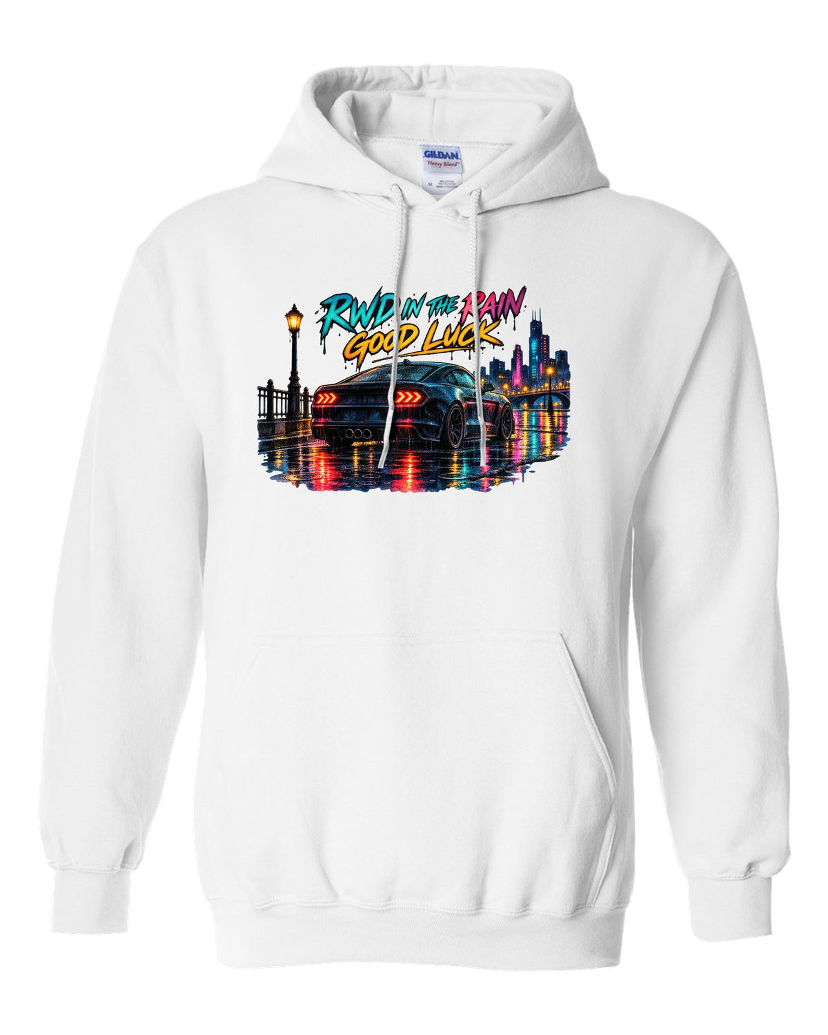 Hyundai Genesis Coupe BK2 watercolour wet road night print with RWD in the rain text white pull over hoodie front view with the design