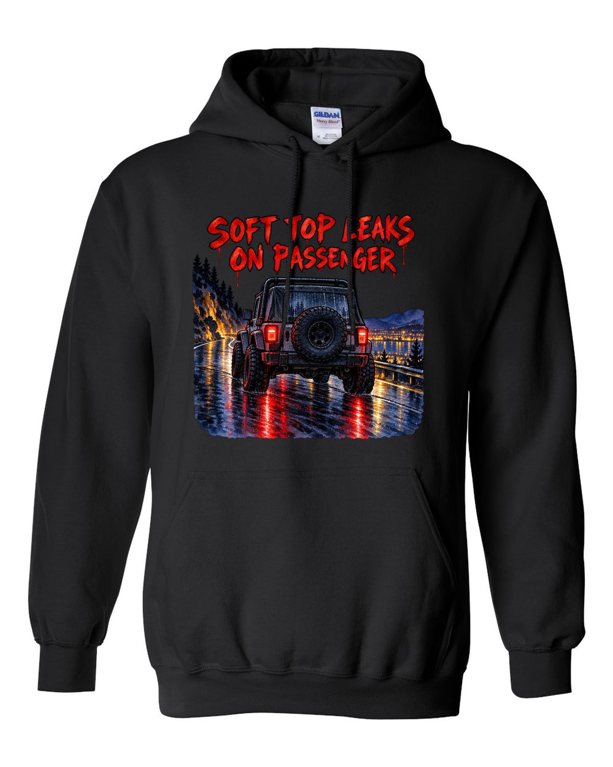 Watercolour wet-road night print of a Jeep Wrangler YJ taillights with soft top text black pull over hoodie front view with the design