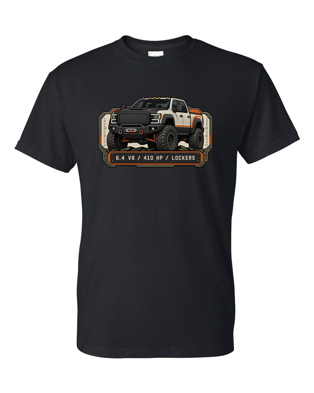 Spec-sheet data plate print of a Ram Power Wagon 2500 winch bumper with 6.4 V8 410 HP lockers text black t-shirt front view with the design
