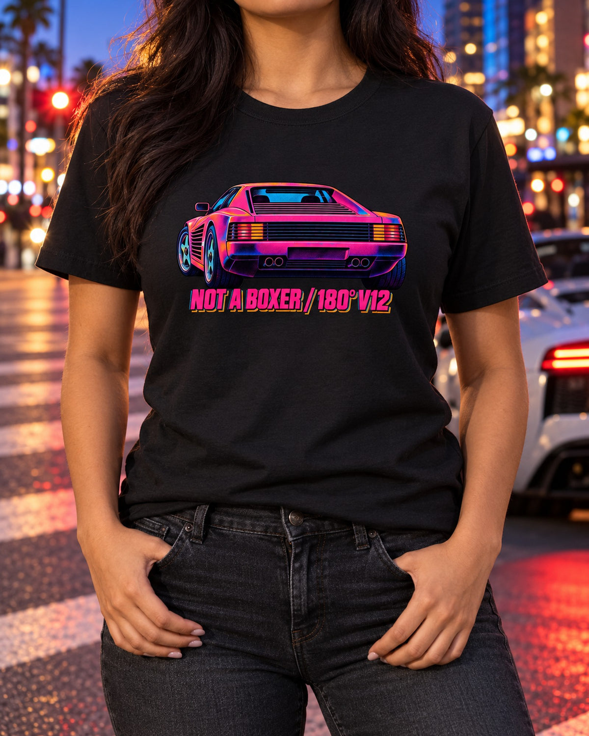 Ferrari Testarossa F110 Neon Riso Shirt, Not a Boxer 180 V12 T-Shirt Black worn hero