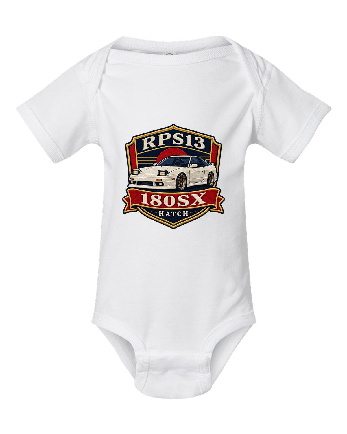Shield crest print for the Nissan 180SX RPS13 chback white baby onesie front view with the design