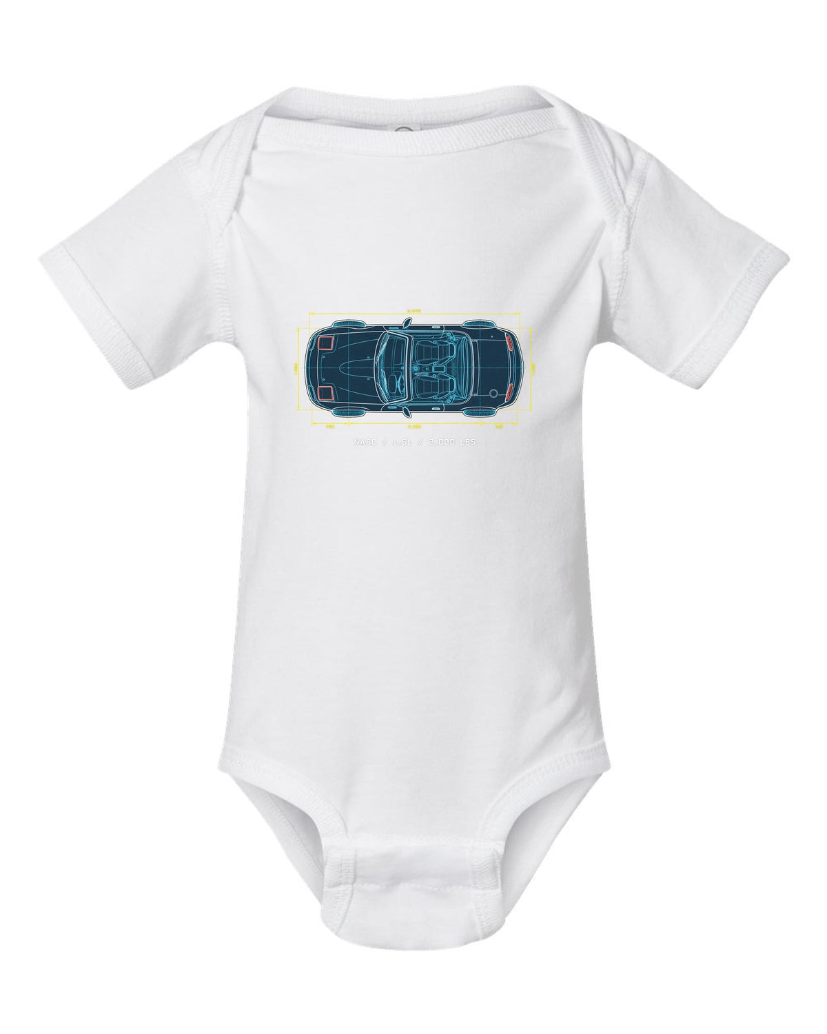 Technical blueprint line art of the Mazda MX-5 NA6C with 1.6L and 2,000 lbs text white baby onesie front view with the design