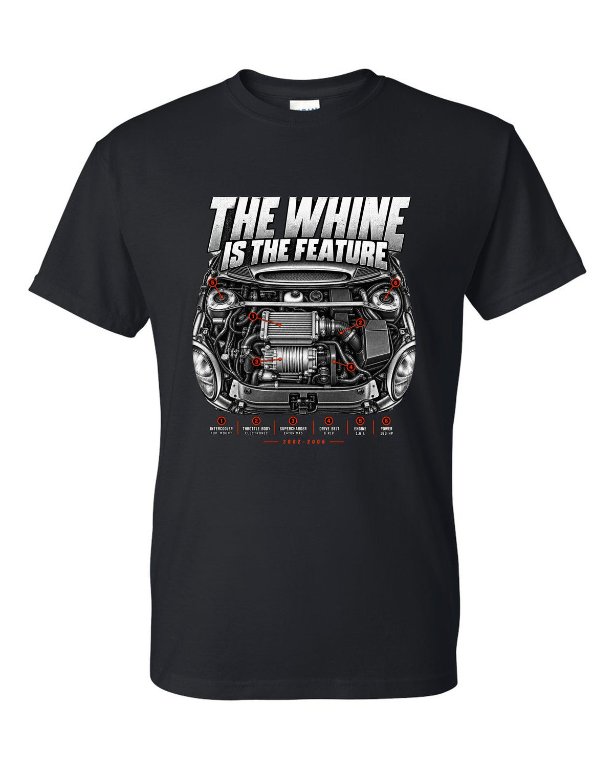 Mini Cooper S R53 engine bay print with supercharger callouts and whine text black t-shirt front view with the design