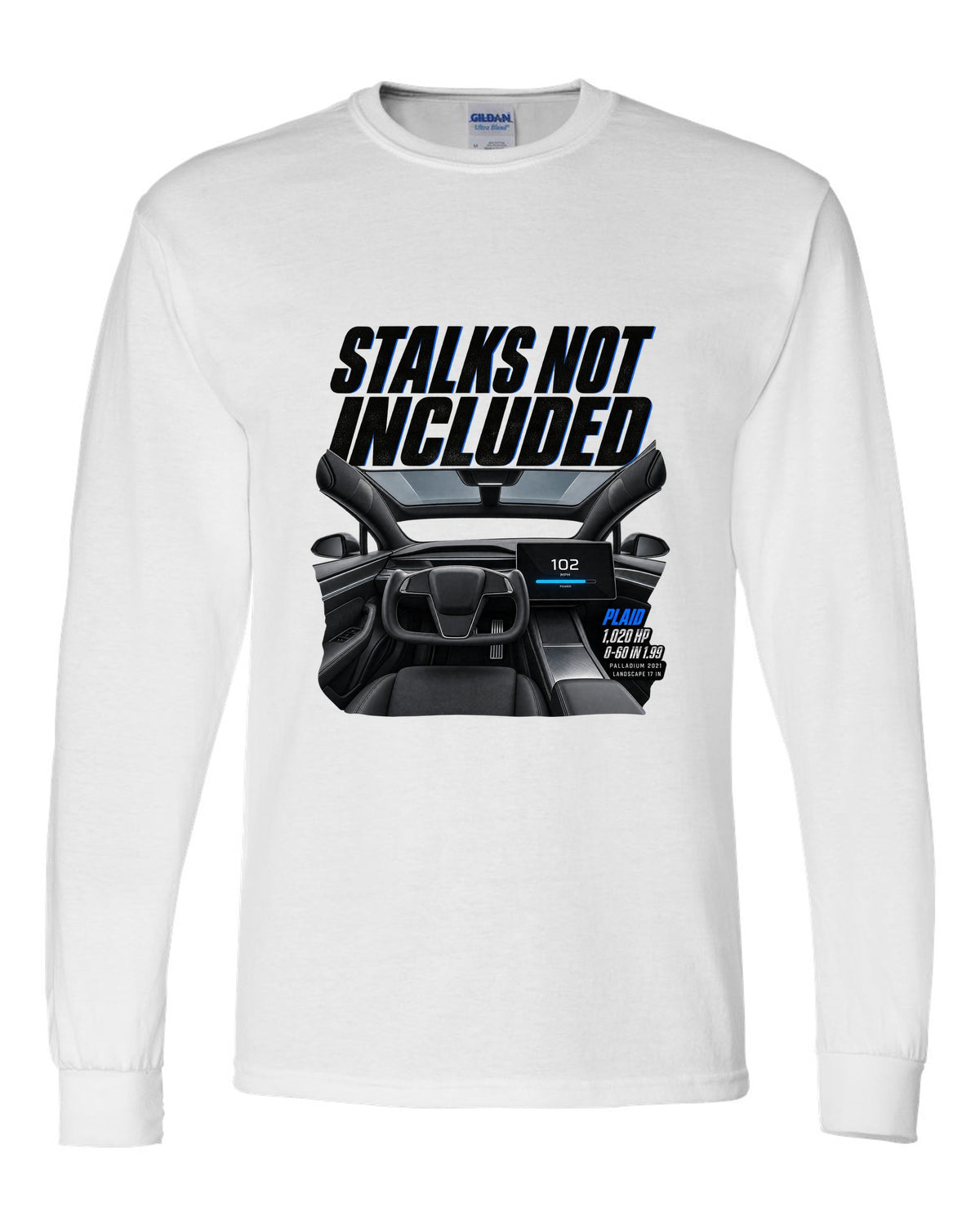 Cockpit print of a 2021 Tesla Model S Plaid Palladium with yoke and landscape screen white long sleeve front view with the design