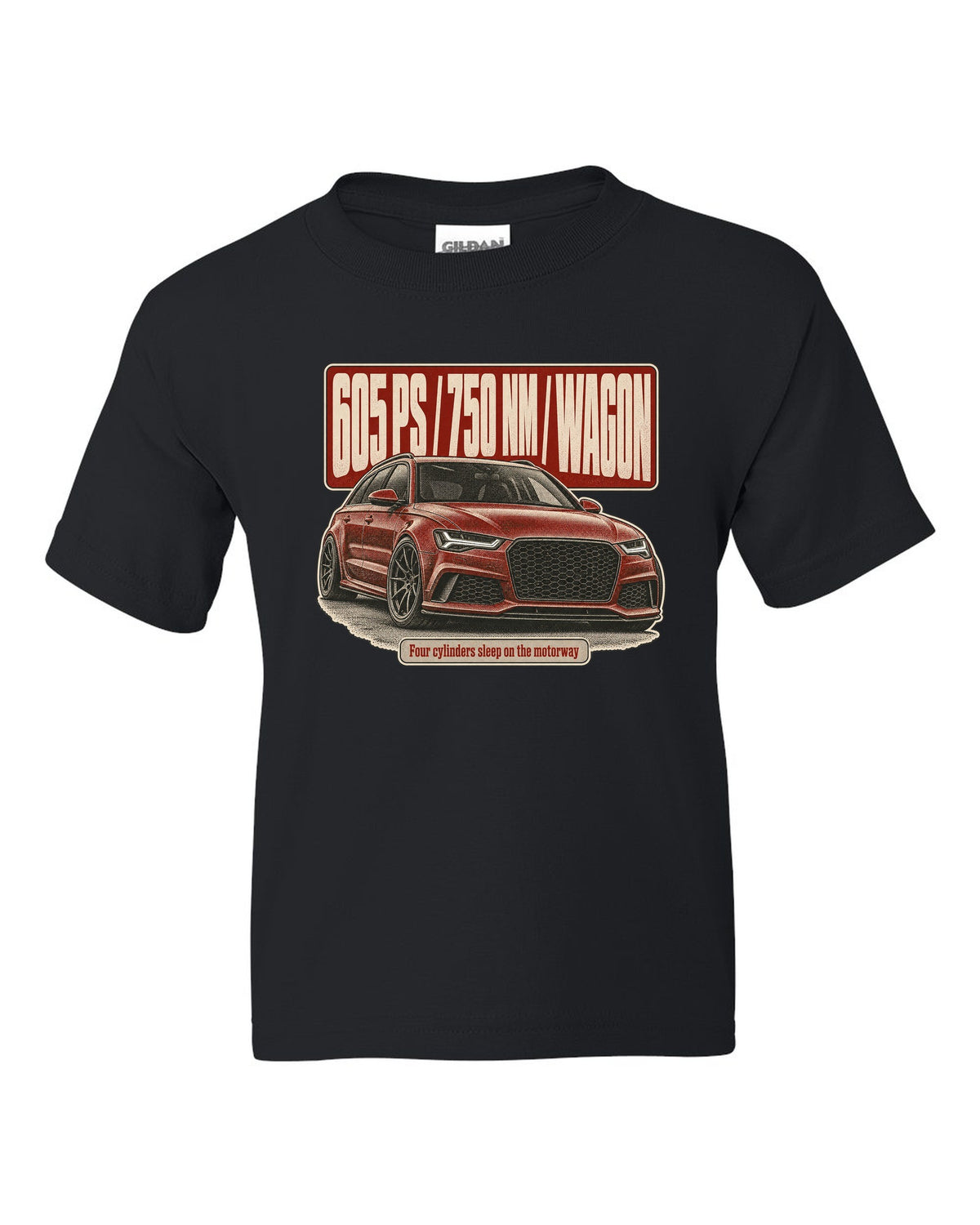 Audi RS6 Avant Performance C7 halftone statement print with 605 PS black kids tee front view with the design