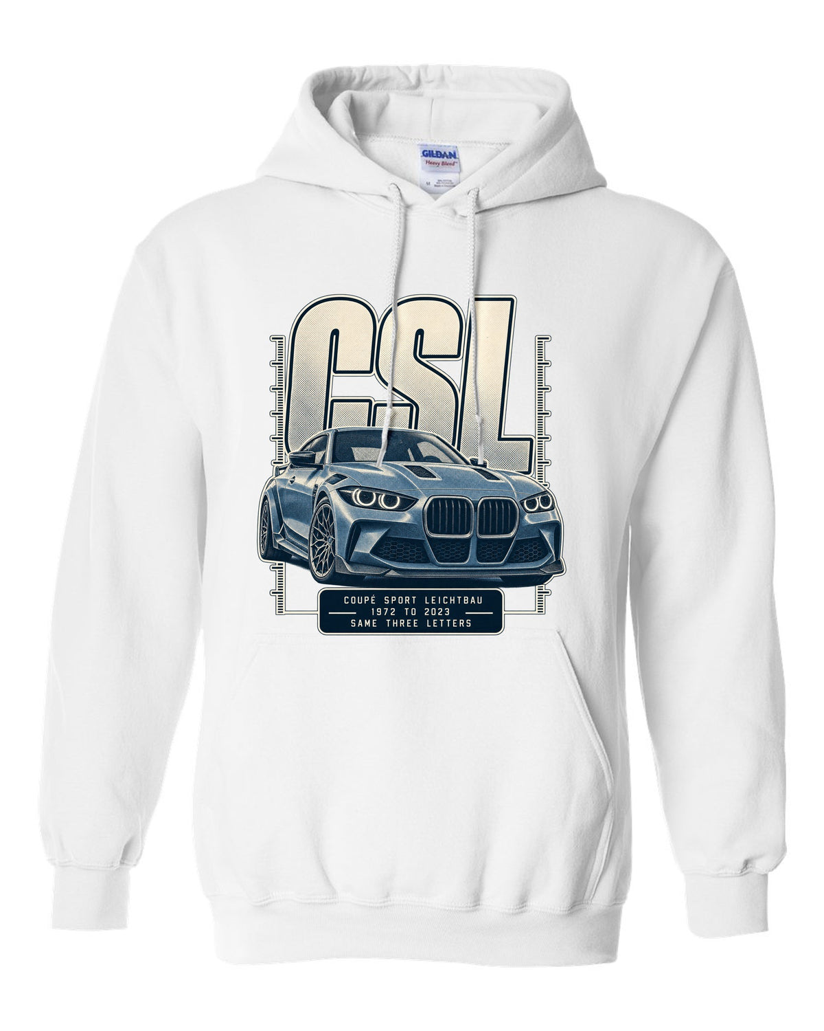 BMW CSL halftone lettering print, 1972 to 2023 white pull over hoodie front view with the design