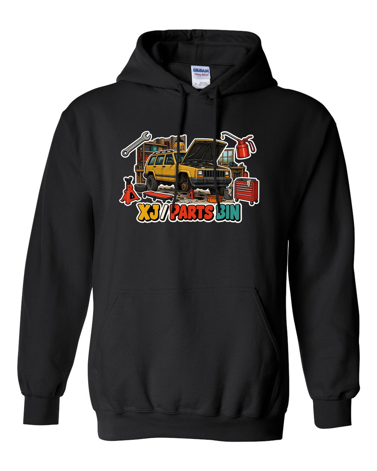 Sticker-bomb die-cut collage print around a Jeep Cherokee XJ labelled Parts Bin black pull over hoodie front view with the design