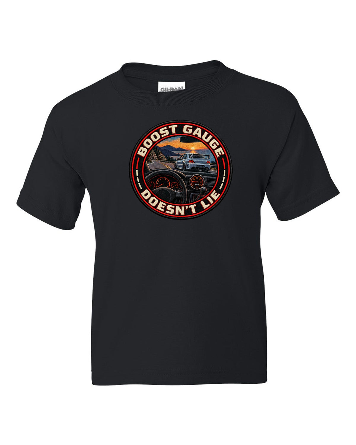 Cyanotype negative blueprint print of the Mitsubishi Evo VIII CT9A with same 4G63 since 1992 text black kids tee front view with the design