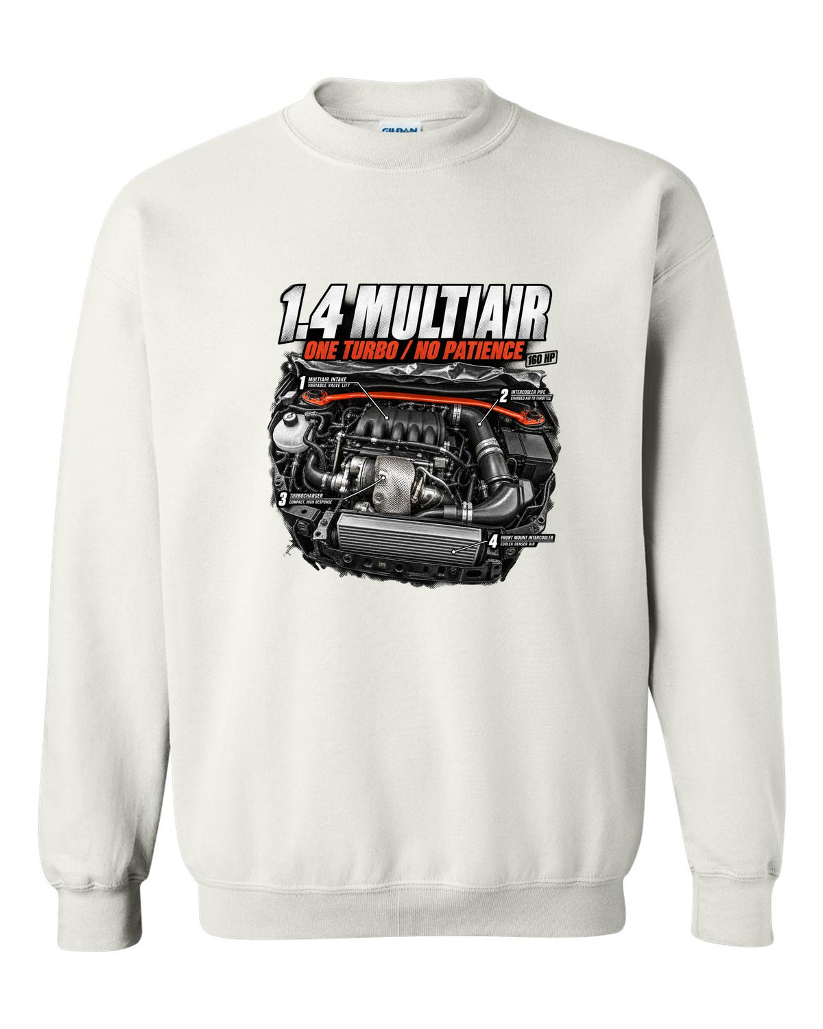 Engine hero print of the Fiat 500 Abarth 1.4 MultiAir turbo with 160 HP text white crewneck front view with the design