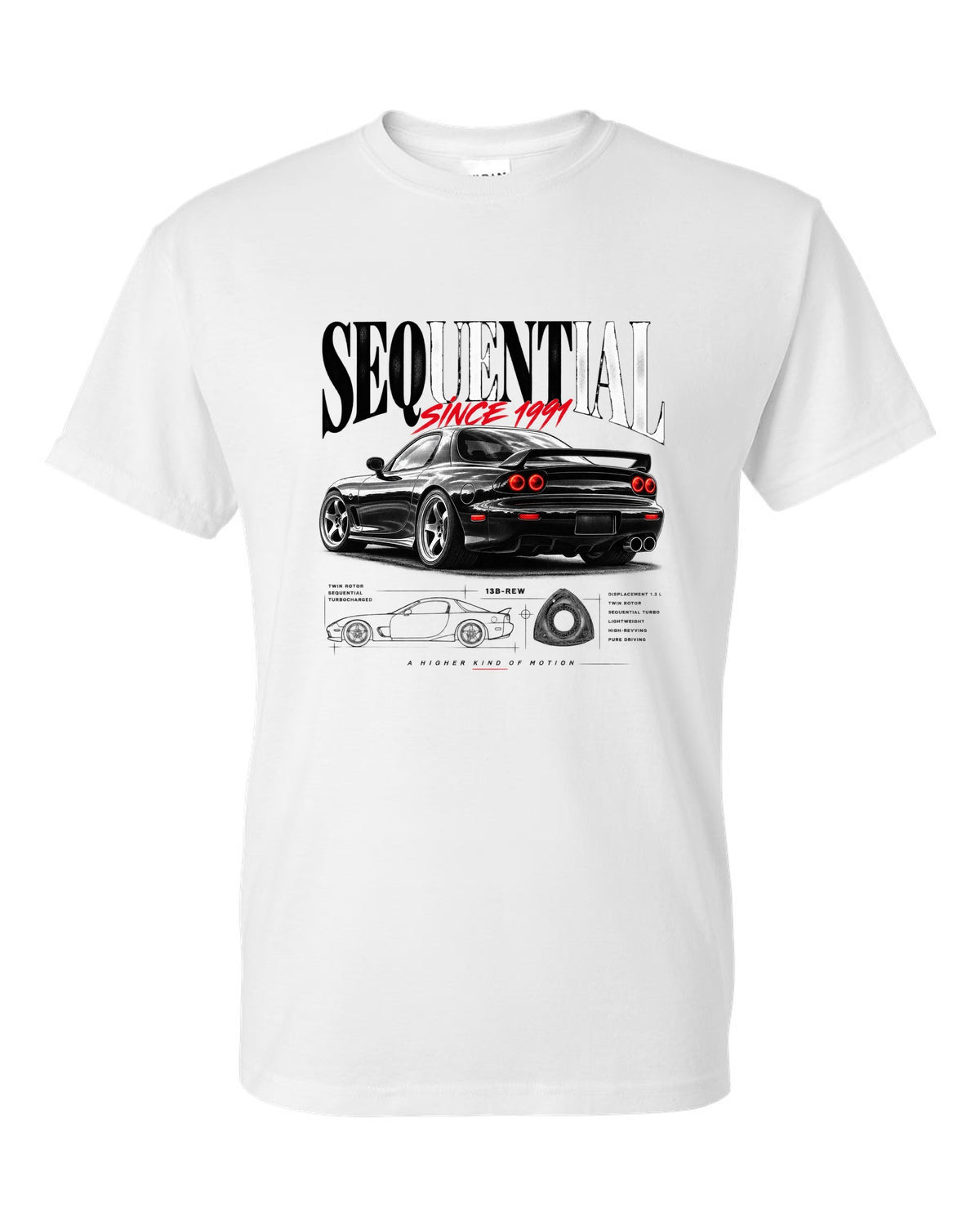 Editorial print of a Mazda RX-7 FD3S rear three-quarter with sequential headline white t-shirt front view with the design