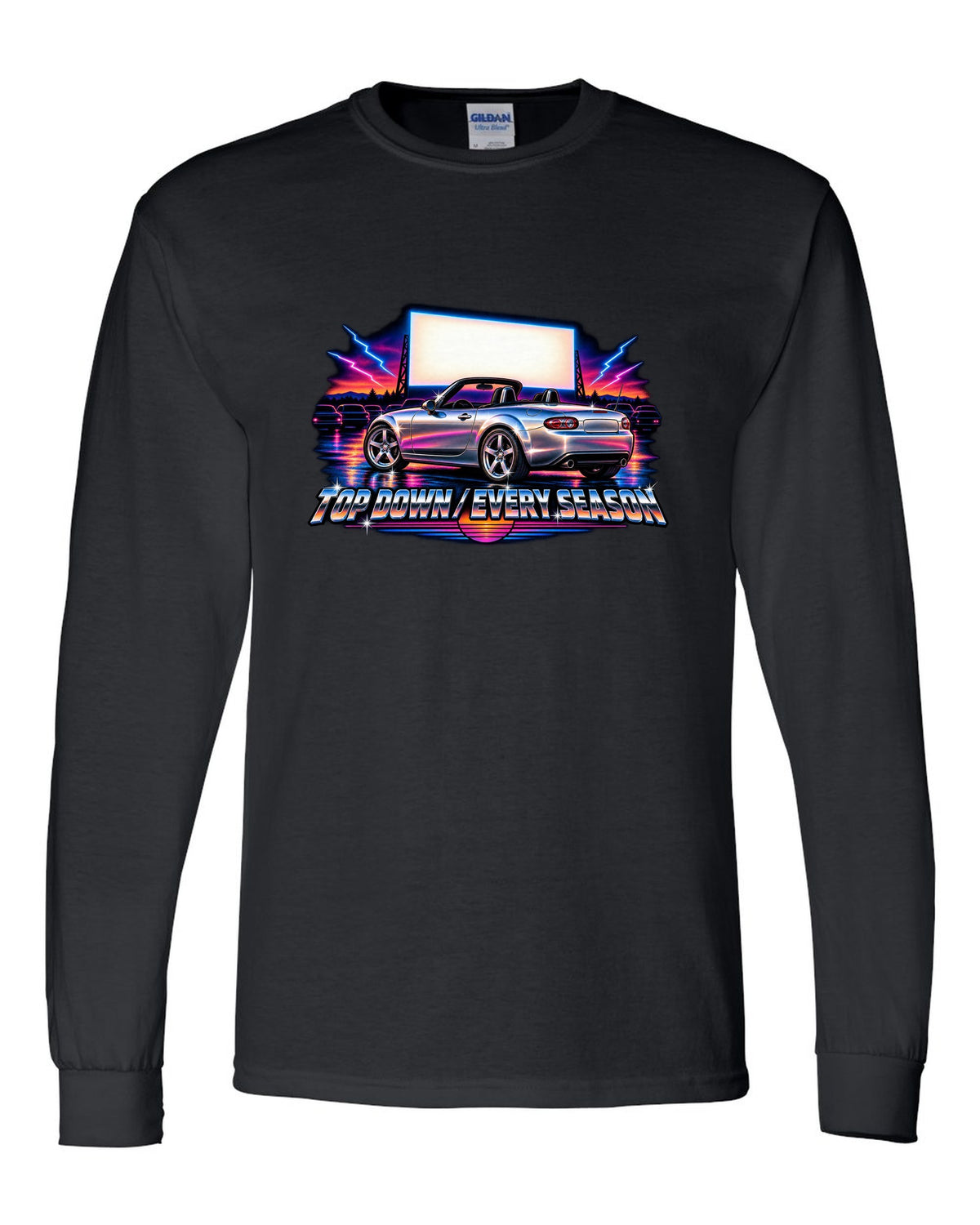 Eighties airbrush chrome print of a Mazda MX-5 NC with the text Top Down Every Season black long sleeve front view with the design